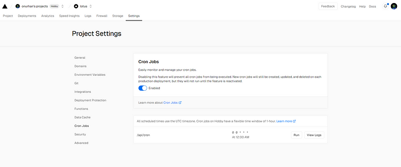 Cron Job Settings at Vercel Dashboard